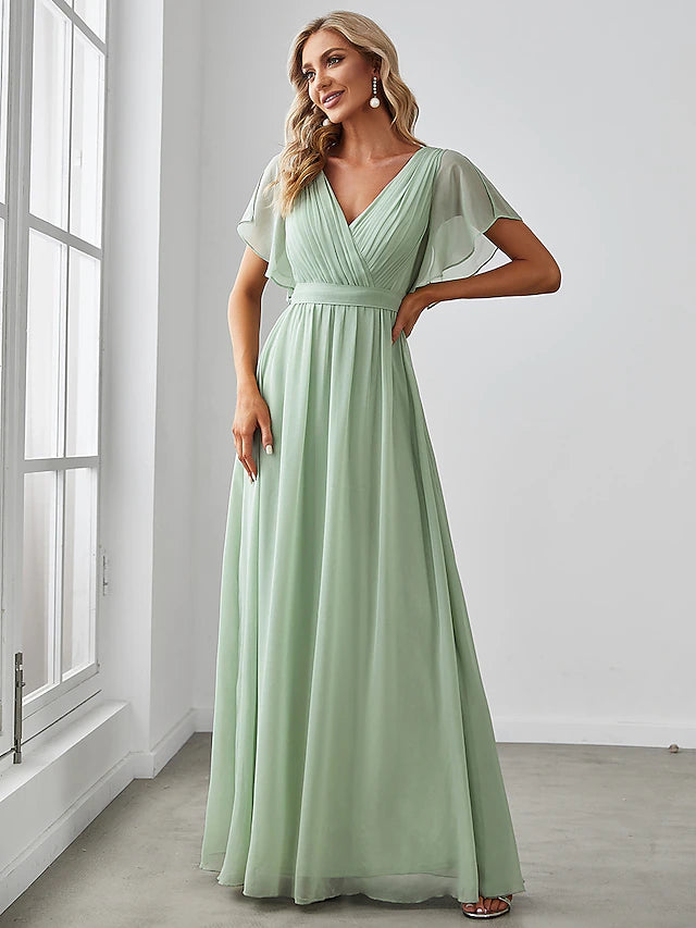 Luolandi A-Line Bridesmaid Dress V Neck Short Sleeve Elegant Chiffon with Ruffles